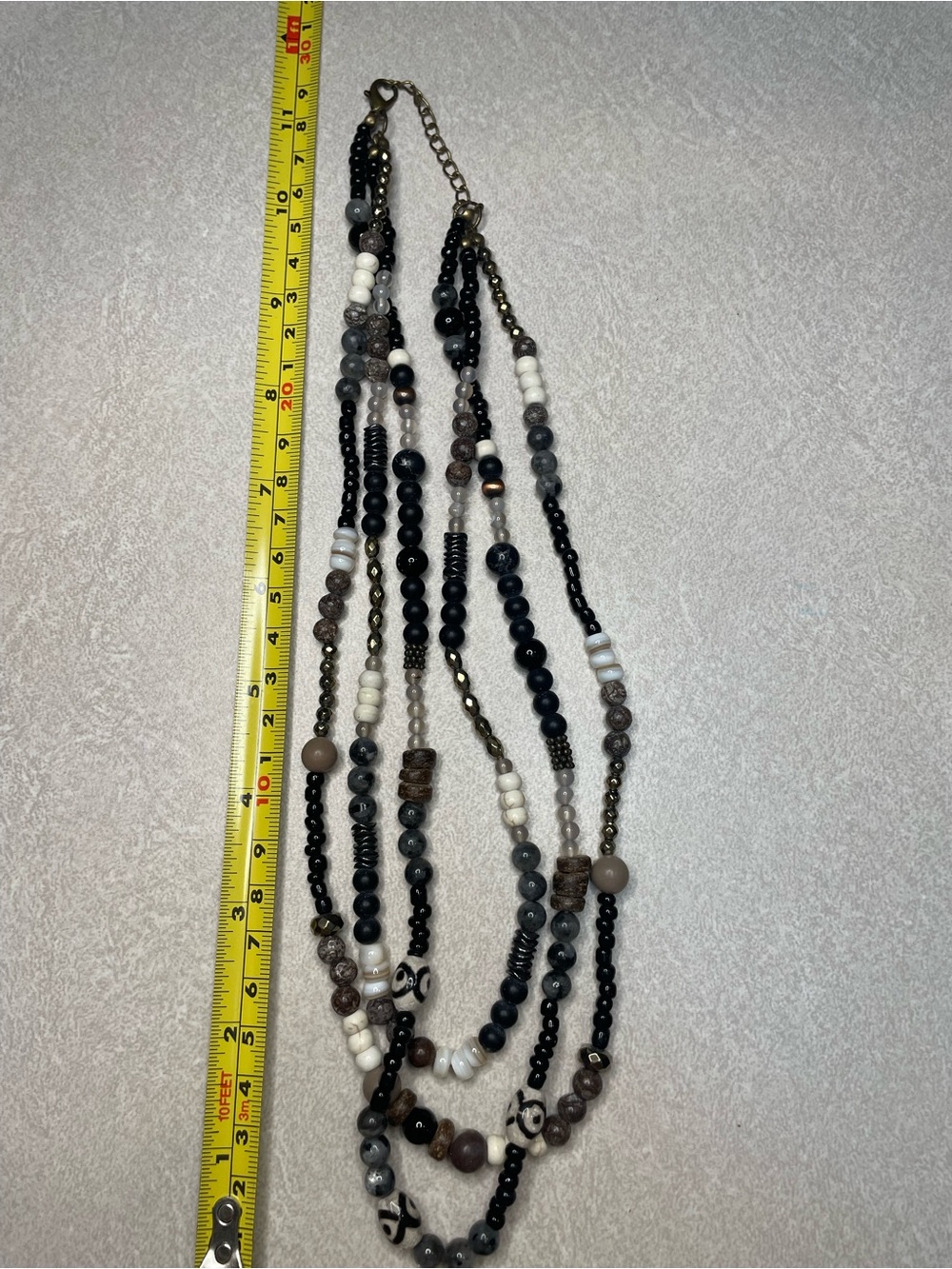 Multi-Strand Beaded Necklace in Black, White & Gray